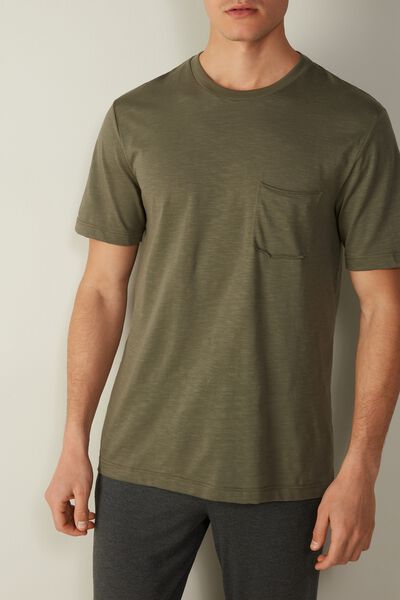 T-Shirt aus geflammter Baumwolle mit Brusttasche