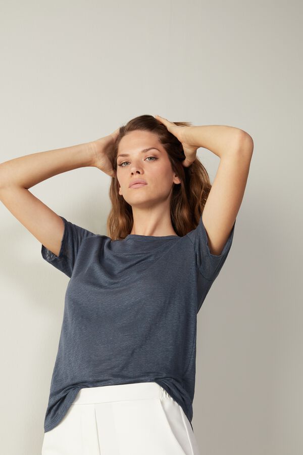 Short-Sleeved Round-Neck Linen Top