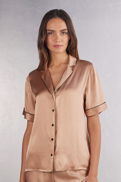 Short-Sleeved Satin Shirt with Contrasting Trim