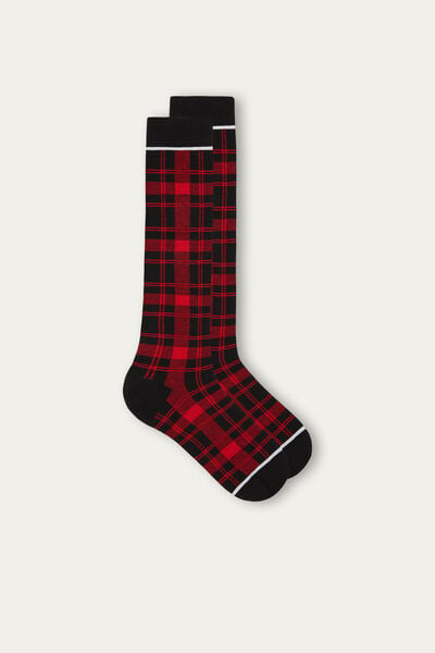 Kırmızı/Siyah Ekose Desenli Termal Pamuklu Uzun Çorap