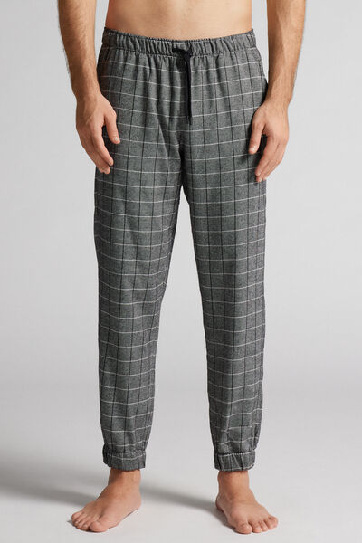 Full-Length Grey Check Pattern Brushed Plain-Weave Pants