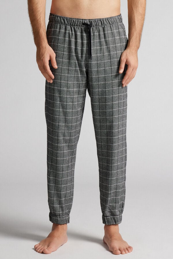 Pantalon long à carreaux gris en toile brossée