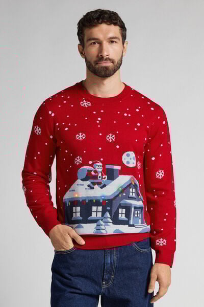 Weihnachtsmann-Pullover und Haus mit Lichtern
