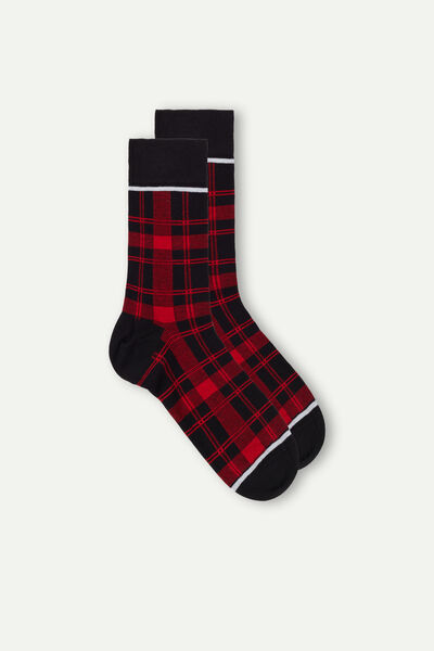 Short Warm Red/Black Check Cotton Socks