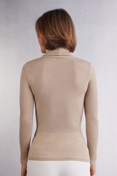 Long-sleeve High-Neck Tubular Top in Wool and Silk