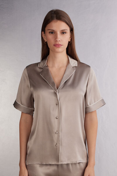 Short-Sleeved Satin Shirt with Contrasting Trim