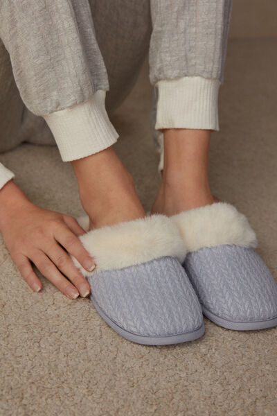 Ribbed Velvet Slippers with Faux Fur