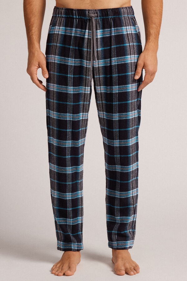 Black and Light Blue Check Print Brushed Cotton Cloth Pants