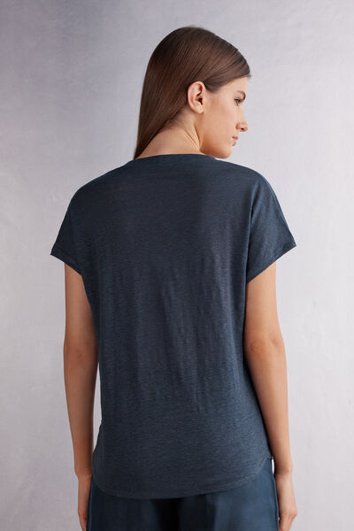 Short-Sleeved Linen Top with V Neck