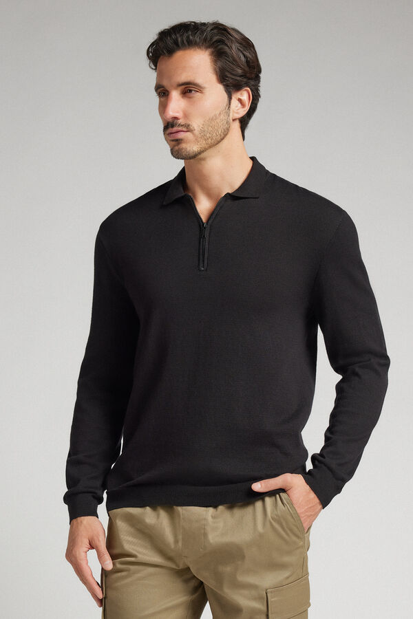 Long-Sleeved Zip-Up Jersey Polo Shirt