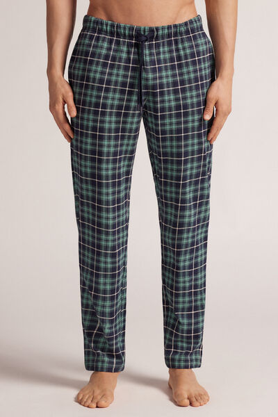 Pantaloni Lunghi in Cotone Stampa Check Blu/Verde