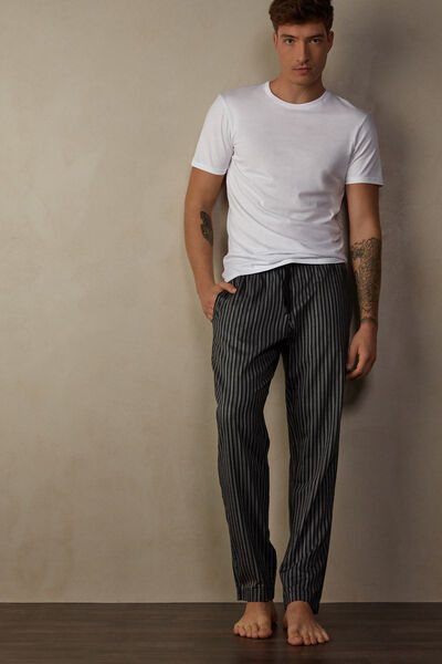Full-Length Grey Herringbone Stripe Cotton Trousers