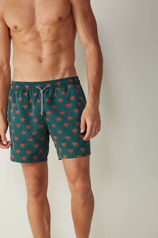 Mid-Length Micro Cheetah Print Swim Shorts