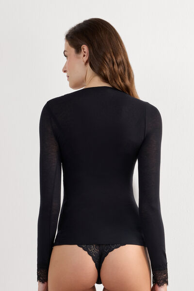 Langärmeliges Spitzenshirt aus Modal und Cashmere Ultralight