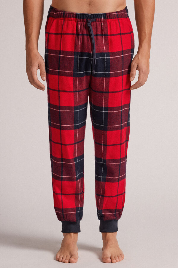 Pantaloni Tela di Cotone Garzata Check Rosso