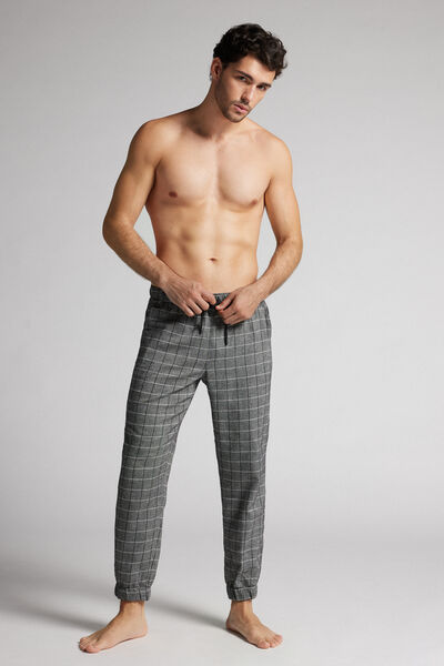 Pantalon long à carreaux gris en toile brossée