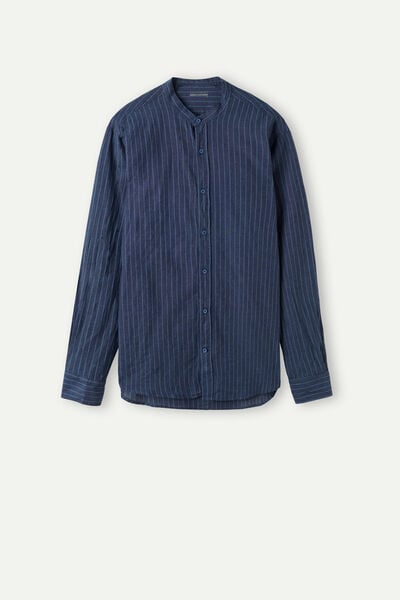 Camisa con Cuello Mao de Lino y Algodón de Rayas Azules