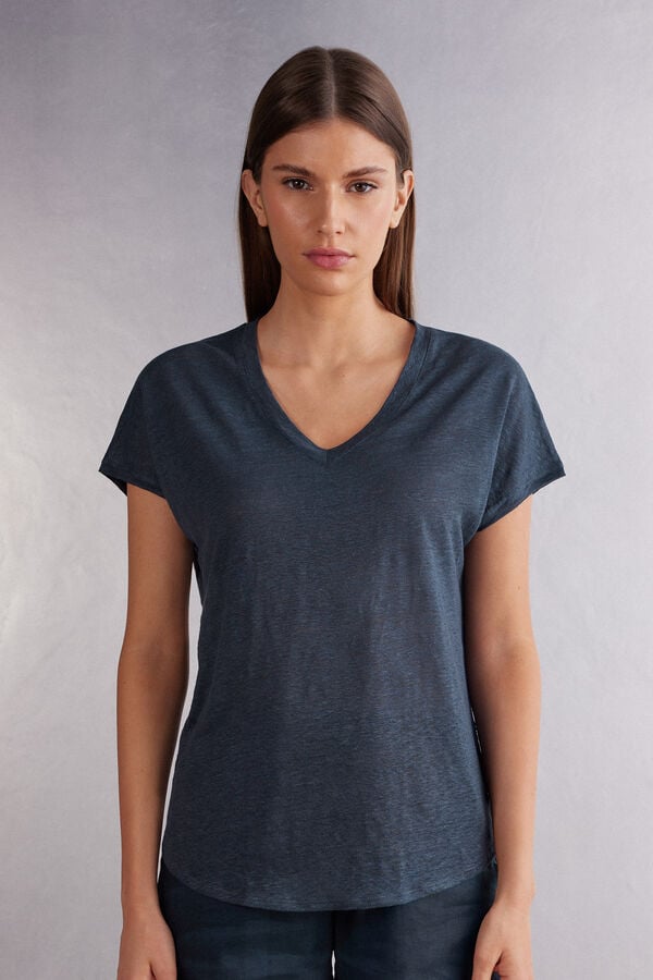 V-nyakú Rövid Ujjú Lenvászon Felső The Pure Linen