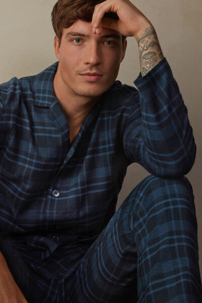 Full Length Pajamas in Brushed Blue Check Patterned Cloth