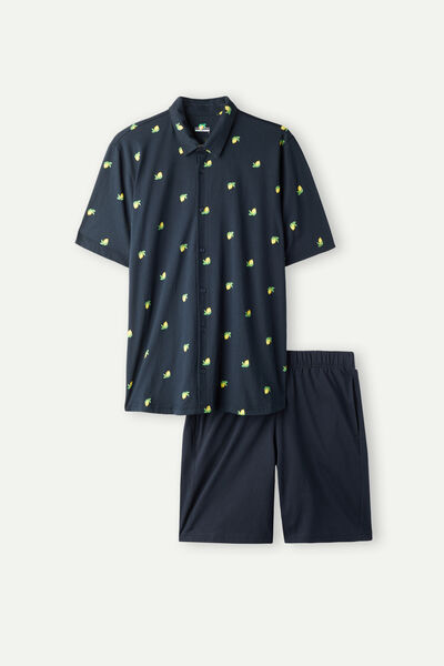 Pijama Curto Aberto à Frente com Estampado de Limões em Algodão