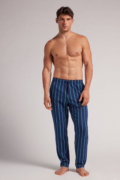 Lacivert/Mavi Çizgili Baskılı Pamuklu Uzun Pantolon