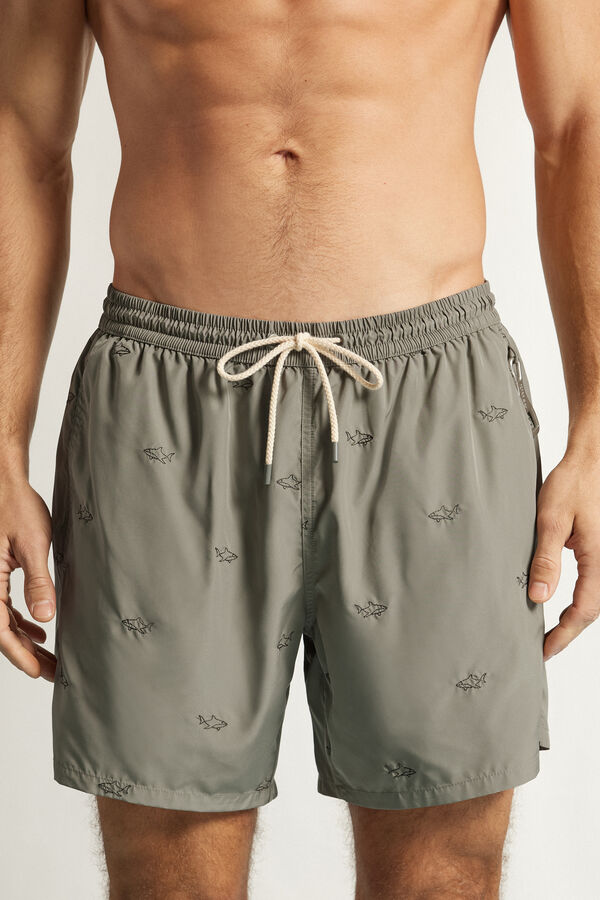 Shark-Embroidered Swim Trunks
