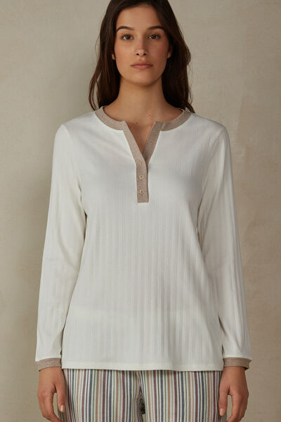 Ribbed Cotton Long Sleeve Henley Top