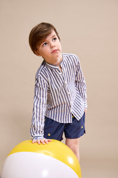 Camisa con Cuello Mao de Rayas Azules de Lino y Algodón para Niños