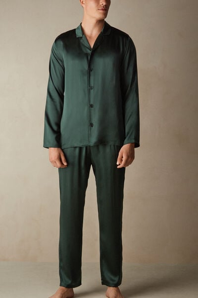 Intimissimi Pijama Largo de Seda con Ribete Hombre Verde Tamaño M