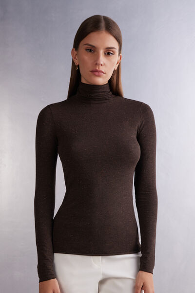Intimissimi Camiseta de Cuello Alto de Modal Ligero con Cashmere Lamé Mujer Marrón Tamaño S