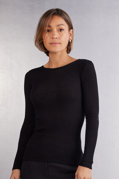Intimissimi Camiseta de Manga Larga con Cuello Redondo Holgado de Lana y Seda Mujer Negro Tamaño M
