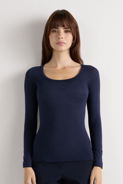 Intimissimi Camiseta de Manga Larga de Modal Ultralight con Cashmere y Escote Redondo Mujer Azul Tamaño S
