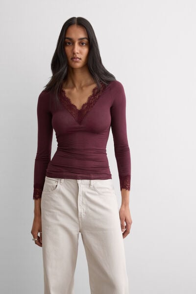 Intimissimi Camiseta con encaje de manga larga en modal y cashmere ultraligero Mujer Burdeos Tamaño L