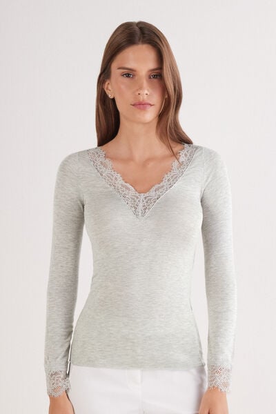 Intimissimi Camiseta con encaje de manga larga en modal y cashmere ultraligero Mujer Gris Tamaño L