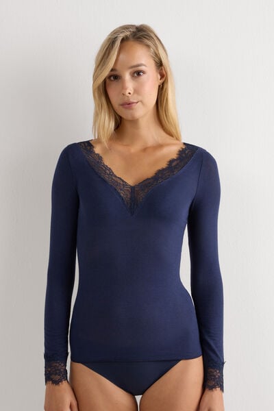 Intimissimi Camiseta con encaje de manga larga en modal y cashmere ultraligero Mujer Azul Tamaño L