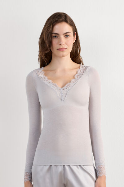 Intimissimi Camiseta con encaje de manga larga en modal y cashmere ultraligero Mujer Gris Claro Tamaño L