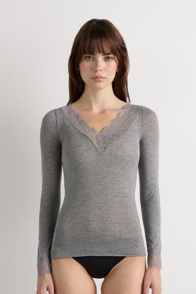 Intimissimi Camiseta con encaje de manga larga en modal y cashmere ultraligero Mujer Gris Tamaño L