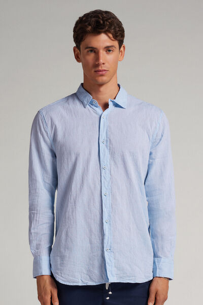 Intimissimi Camisa de manga larga con lino para hombre Hombre Azul Claro Tamaño L