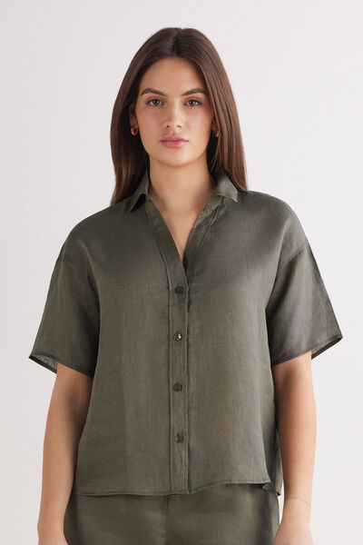 Intimissimi Camisa de Manga Corta en Tela de Lino The Pure Linen Mujer Verde Tamaño L