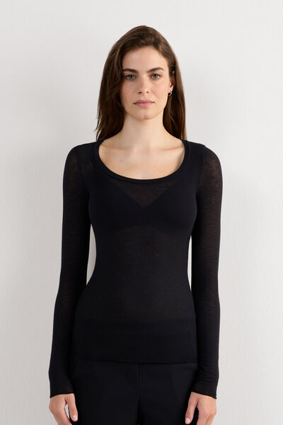 Intimissimi Camiseta de Manga Larga de Modal Ultralight con Cashmere y Escote Redondo Mujer Negro Tamaño L