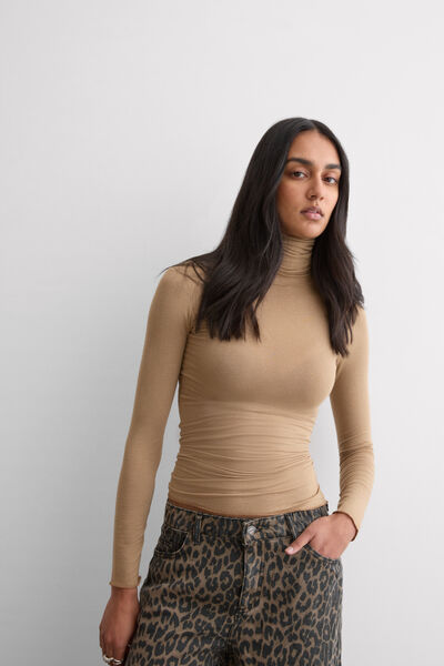 Intimissimi Camiseta de Manga Larga de Cuello Alto de Cashmere Ultraligero de Modal Mujer Marrón Tamaño L