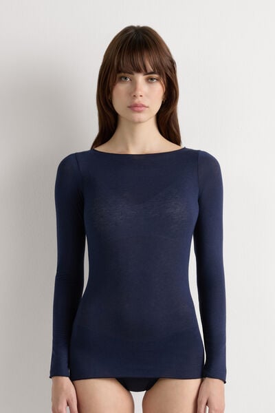 Intimissimi Camiseta con cuello barco en cashmere de manga Larga Mujer Azul Tamaño L