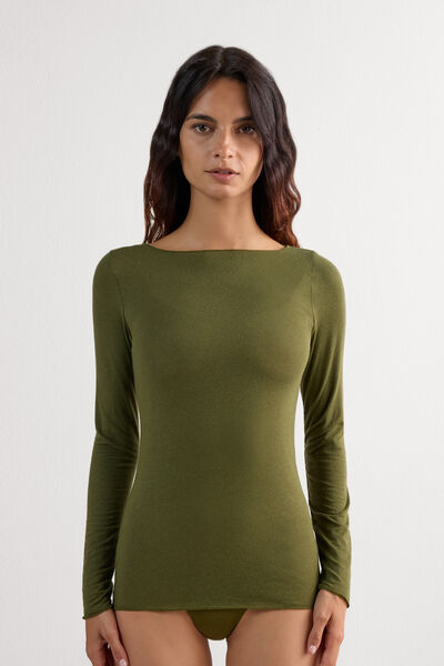 Intimissimi Camiseta con cuello barco en cashmere de manga Larga Mujer Verde Tamaño L