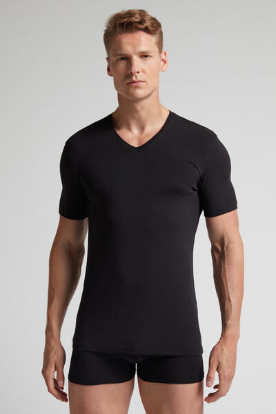 Intimissimi Camiseta de cuello pico en algodón superior Hombre Negro Tamaño L