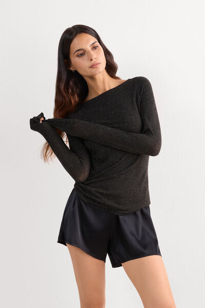 Intimissimi Camiseta de Cuello Redondo de Modal Ligero con Cashmere Lamé Mujer Negro Tamaño M