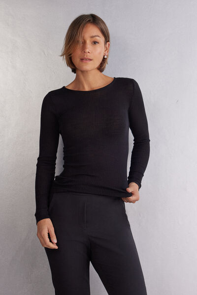 Intimissimi Camiseta de Manga Larga con Cuello Redondo Holgado de Lana y Seda Mujer Negro