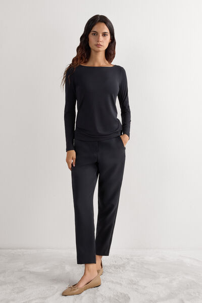 Intimissimi Camiseta de Manga Larga con Escote Barca en Micromodal Mujer Negro