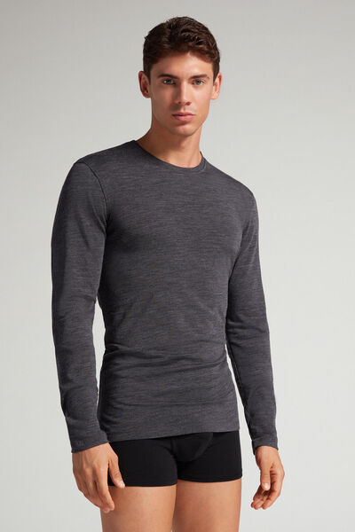 Intimissimi Camiseta Manga Larga de Lana Merina Escote Redondo Hombre Gris Oscuro