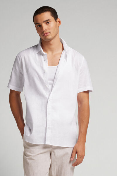Intimissimi Camisa de Manga Corta en Lino y Algodón Hombre Blanco