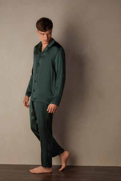 Intimissimi Pijama Largo de Seda con Ribete Hombre Verde Tamaño L